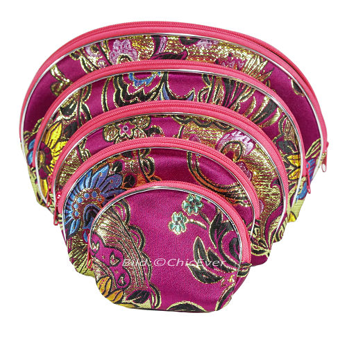 5 tlg. Beutel-Set aus Seide & Viskose mit Reißverschluss pink 6481 - zum Schließen ins Bild klicken